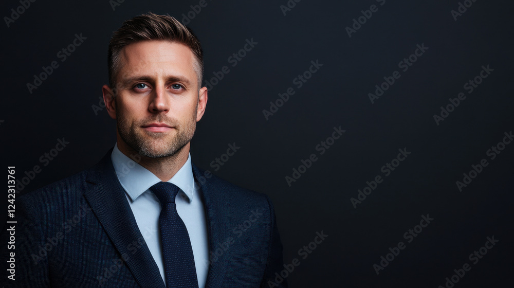 Professional man in suit with serious expression against dark background, exuding confidence and determination Professional man in suit with serious expression against dark background, exuding confidence and determination