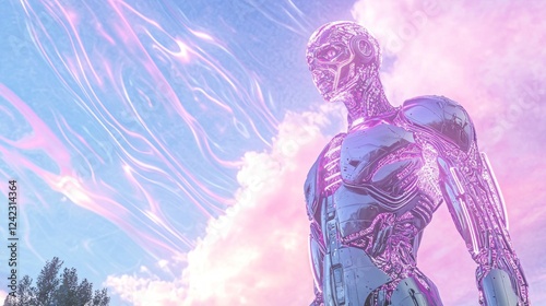 Neon Fractal Robotic Statue in Orchard Fields under Cosmic Swirl Tinted Sky - Ultra-Detailed Sci-fi Collages Artwork Concept photo