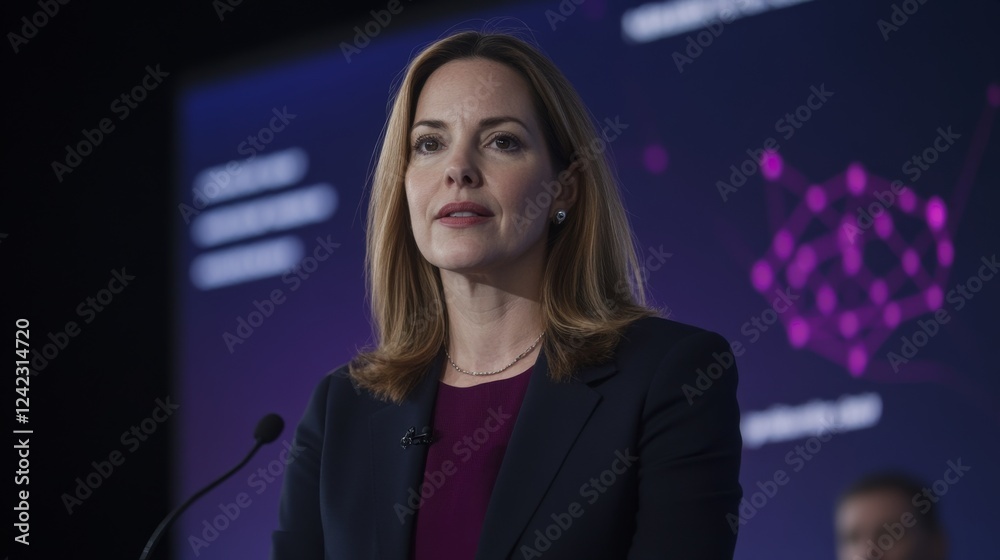 Obraz premium A business woman leader giving a speech at a conference with an audience and a large screen backdrop