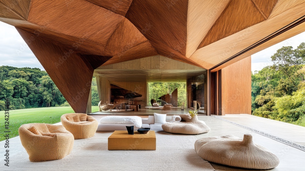 Fototapeta premium Open-air patio with a geometric roof extension for stylish shade.