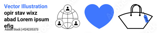 Network globe with user icons, blue heart, and shopping bag outline with a price tag. Themes community, communication, love, commerce, shopping global presence branding. Ideal for flat landing page