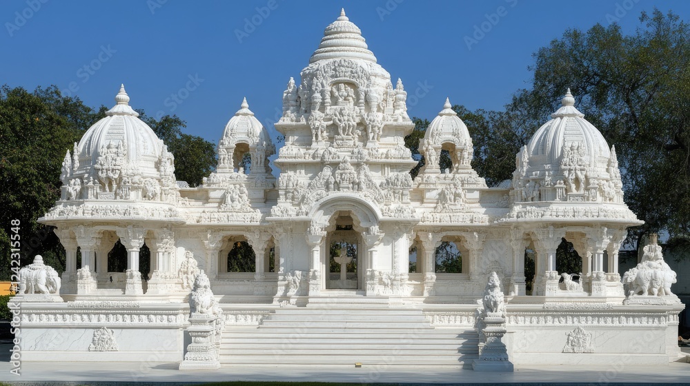 Obraz premium Ornate white marble pavilion with intricate carvings and domes.