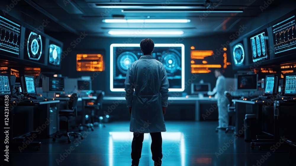 Innovative biotechnology research hub in futuristic healthcare setting Innovative biotechnology research hub in futuristic healthcare setting