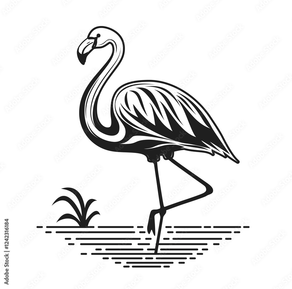 Fototapeta premium Flamingo outline icon clipart design. Summer flamingo bird clip art in black lines drawing cartoon in standing pose vector illustration. 