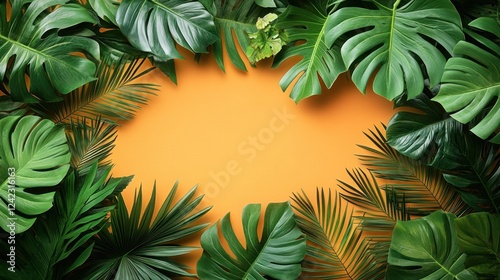 Tropical leaves frame a bright surface, suitable for text or product placement