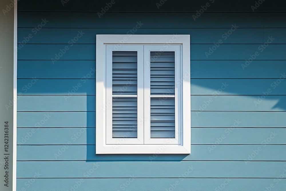 Fototapeta premium White window, blue siding, sunlight, home exterior, design