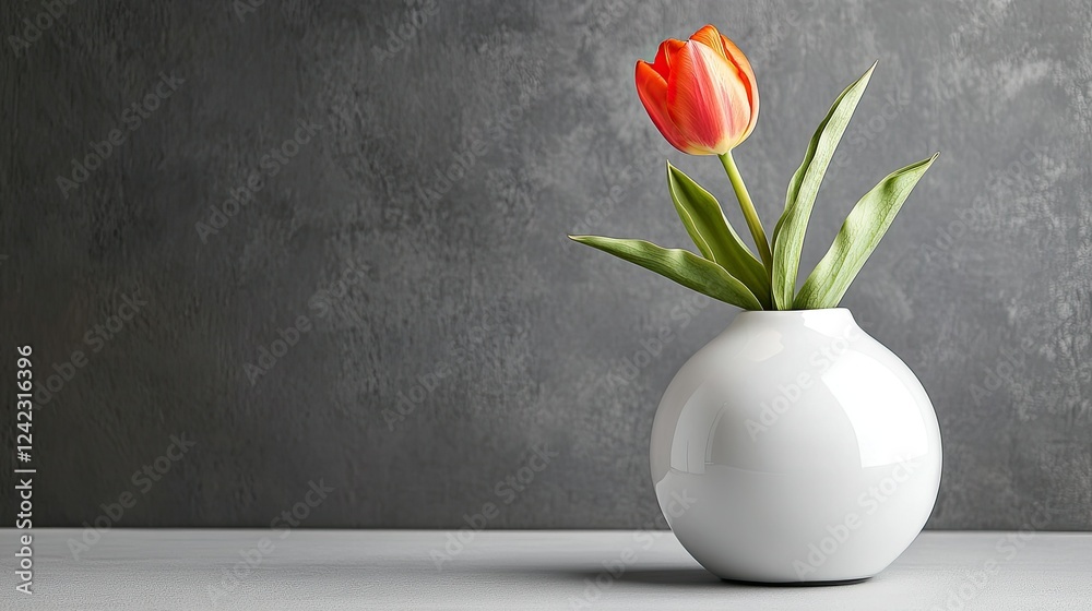 A minimalist white ceramic vase with a single tulip on a gray background. A minimalist white ceramic vase with a single tulip on a gray background.