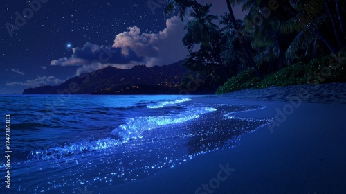 A Serene Night Scene of Glowing Waves on a Tropical Beach Under a Starry Sky photo