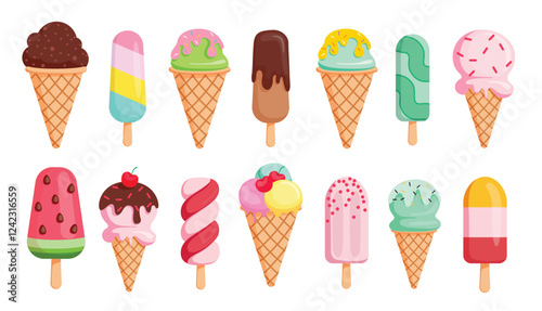 Ice cream colorful drawing clipart set. Popsicle stick and ice cream cone clip art with sweet flavor elements vector illustration summer dessert flat collection. 
