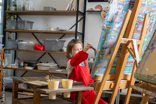 little child attentively draws on an easel in an art workshop photo