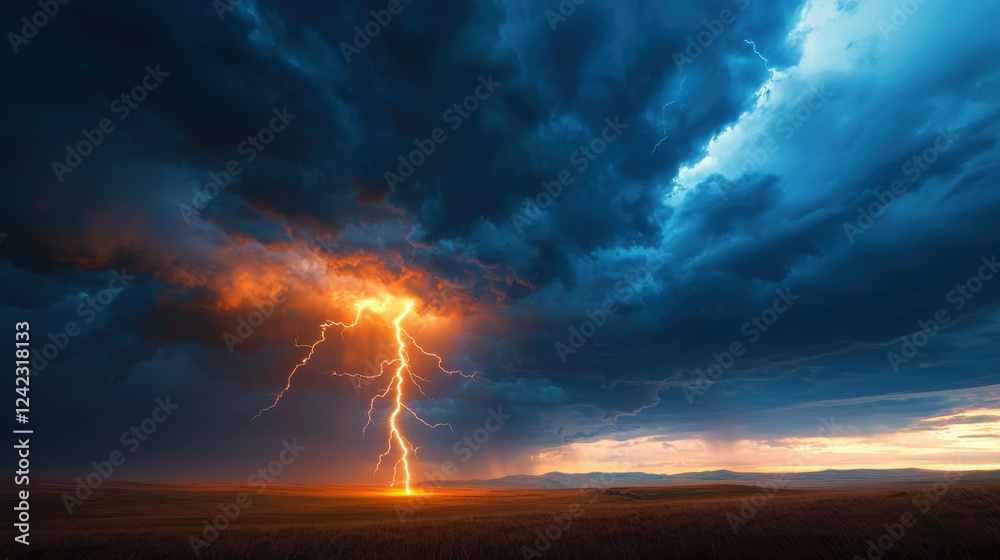 dramatic landscape featuring dark storm with striking lightning illuminating sky. contrast of colors creates powerful and intense atmosphere dramatic landscape featuring dark storm with striking lightning illuminating sky. contrast of colors creates powerful and intense atmosphere