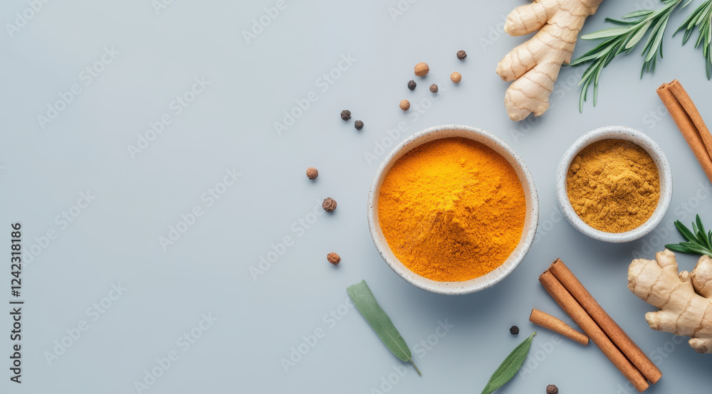 flat lay of various spices including turmeric, ginger, and cinnamon, showcasing vibrant colors and textures that enhance culinary creativity flat lay of various spices including turmeric, ginger, and cinnamon, showcasing vibrant colors and textures that enhance culinary creativity