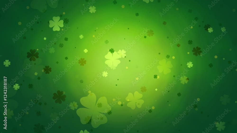 Loopable Green Shamrocks Floating Against a Vibrant St. Patrick’s Day Background - Four-Leaf Clovers Rotating - Seamless Festive Animation