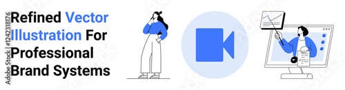 Female character thinking, video icon, person analyzing data on screen with graphs and documents. Ideal for branding, marketing, business, design systems, creativity, education flat landing page