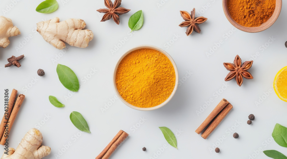 flat lay of various spices and herbs including turmeric, ginger, cinnamon, and star anise, creating vibrant and aromatic display flat lay of various spices and herbs including turmeric, ginger, cinnamon, and star anise, creating vibrant and aromatic display