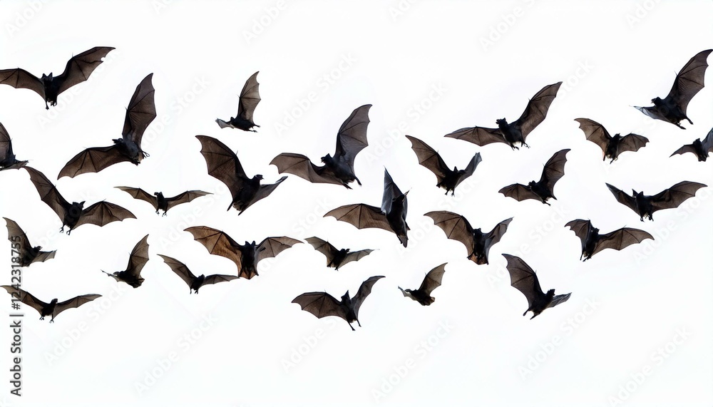 Fototapeta premium flying flock of black bats, isolated white background