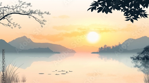Tranquil Sunrise over a Serene Lake with Silhouette of Mountains and Gentle Ripples in the Water