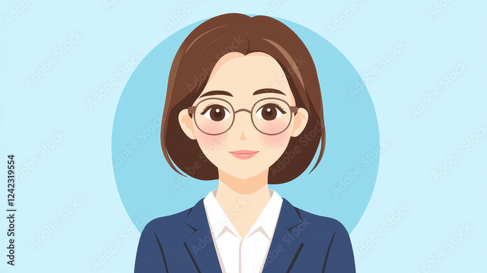 professional woman with light brown hair and glasses, wearing suit, smiles confidently against light blue background professional woman with light brown hair and glasses, wearing suit, smiles confidently against light blue background