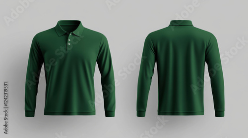 hyper realistic long sleeve polo shirt in rich green color, showcasing classic design with collar and buttons, perfect for casual or semi formal occasions photo