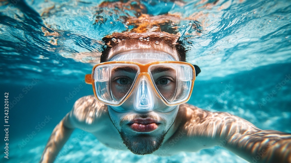 Naklejka premium Young man enjoys a sunny vacation day of snorkeling in the ocean