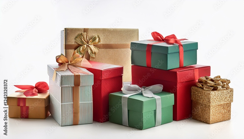 Obraz premium Christmas gift boxes and decorations. Chistmas gift boxes, isolated white background