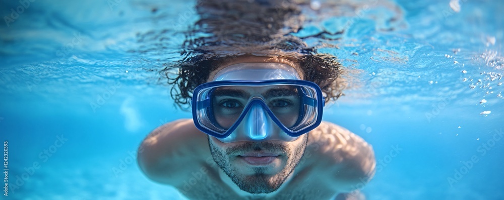 Naklejka premium Young man wearing diving mask swimming underwater in blue sea