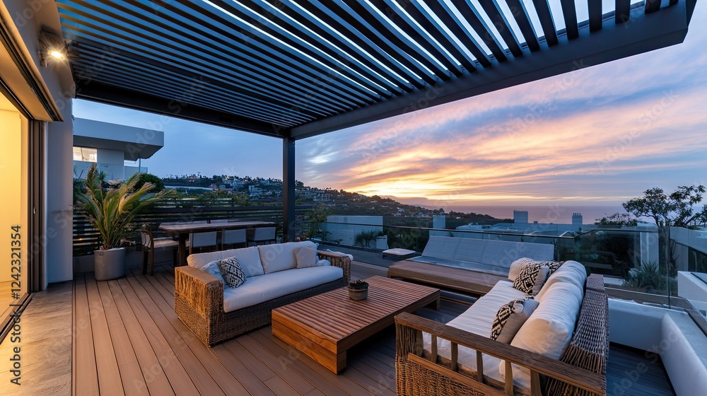 Fototapeta premium Urban rooftop deck with a sleek metal overhang and sunset views.