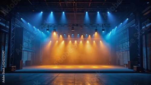 Dramatic Lighting Setup in an Empty Stage with Colorful Spotlights and Smoke Effects