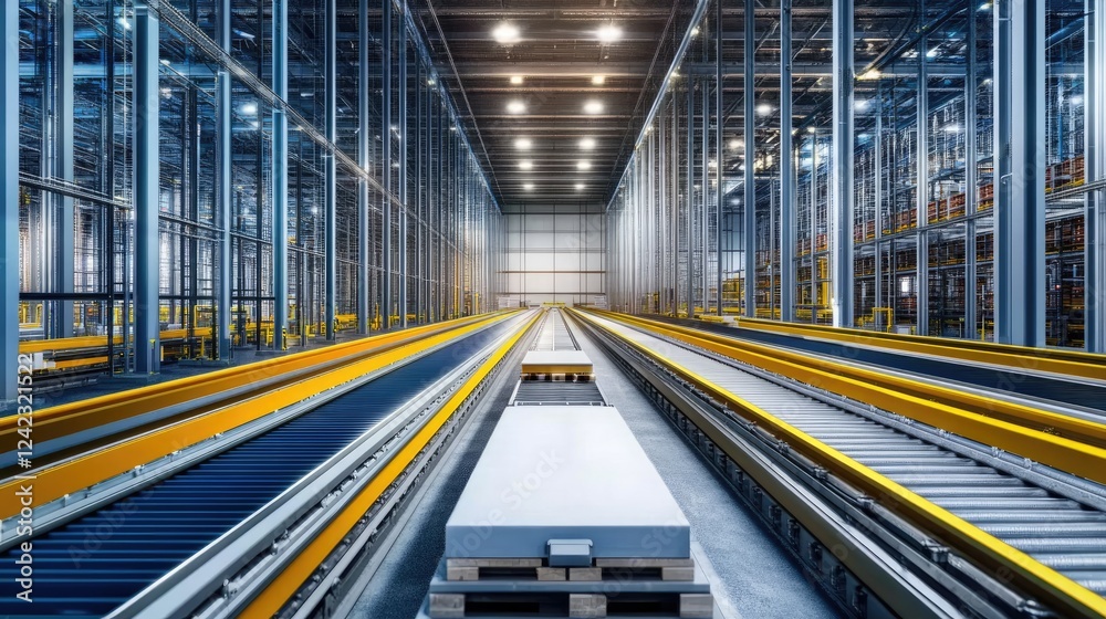 Fototapeta premium Warehouse interior featuring conveyor systems and tall metal racks.