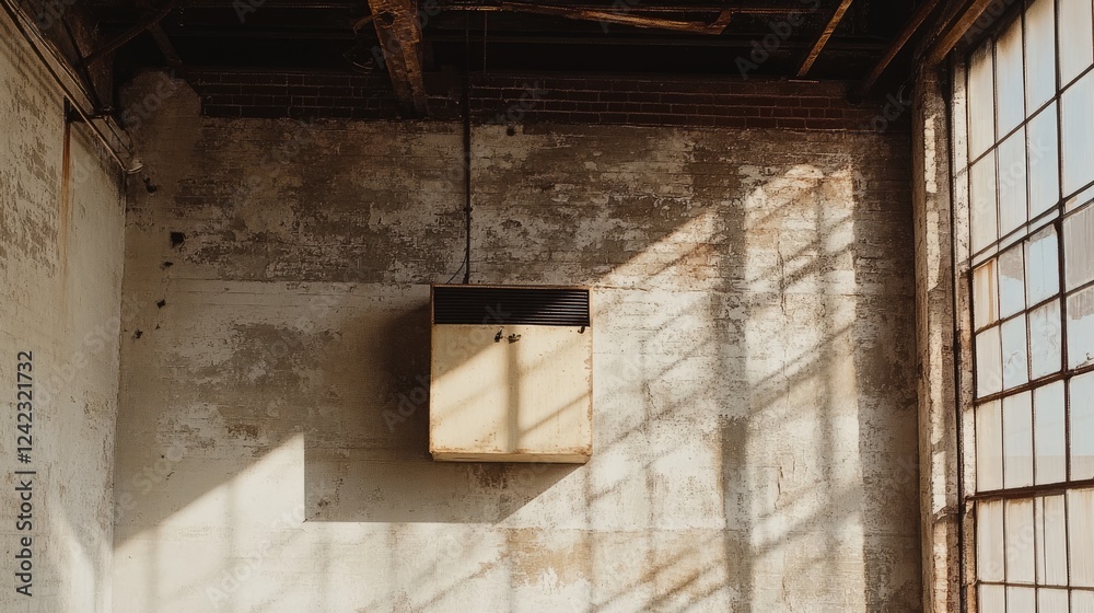 Warehouse with a large industrial fan mounted on the ceiling. Warehouse with a large industrial fan mounted on the ceiling.