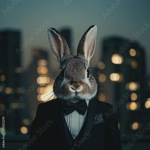 Cute bunny in a suit urban nightscape portrait photography modern environment whimsical concept photo