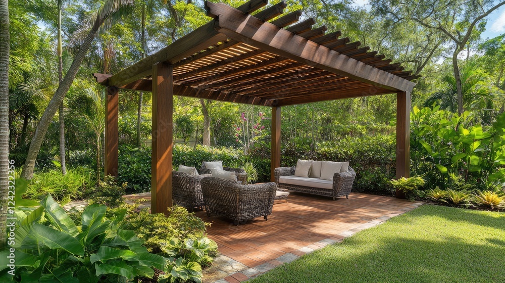 Wooden patio with a partial roof extension and cozy seating area. Wooden patio with a partial roof extension and cozy seating area.