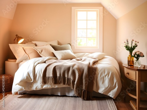 Cozy Retreat: A serene and inviting bedroom sanctuary, bathed in soft natural light streaming through a window.  The bed is styled with plush bedding and a warm throw blanket.