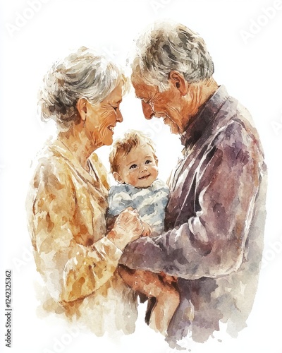 Heartwarming watercolor painting of two elderly grandparents holding their young grandchild while smiling warmly on a white background