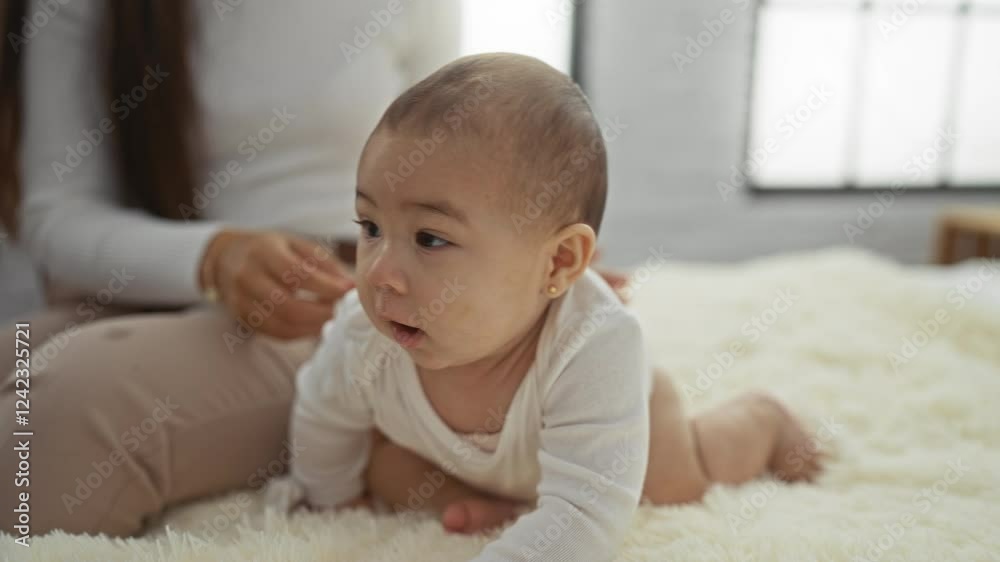 Mother and baby on bed illustrate family love in a cozy bedroom setting with warm lighting and soft furnishings. Mother and baby on bed illustrate family love in a cozy bedroom setting with warm lighting and soft furnishings.