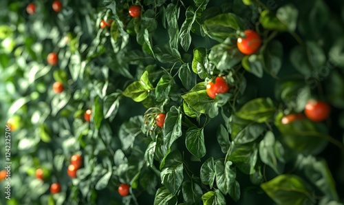 a greeny leaf wall with some italians tomatos on it , Generative AI