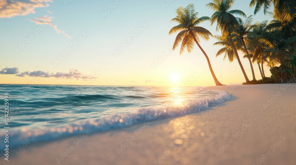 serene beach at sunrise with gentle waves, soft sand, and palm trees creates tranquil atmosphere. warm sunlight reflects on water, enhancing peaceful scene serene beach at sunrise with gentle waves, soft sand, and palm trees creates tranquil atmosphere. warm sunlight reflects on water, enhancing peaceful scene