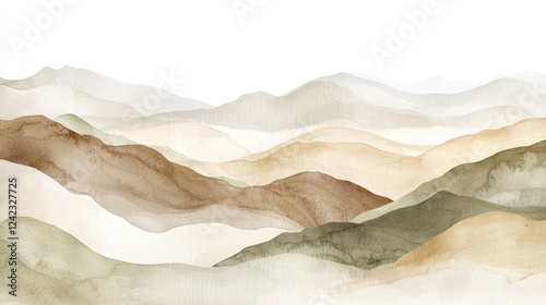 Watercolor painting of abstract mountain layers in earthy tones creating a serene and natural landscape aesthetic