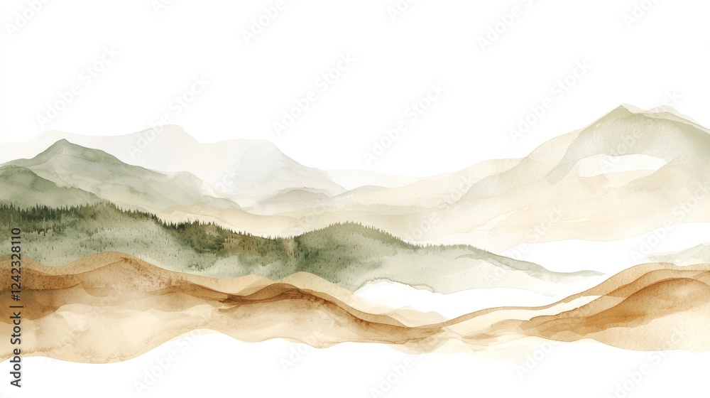 Obraz premium Watercolor painting of abstract mountain layers in earthy tones creating a serene and natural landscape aesthetic