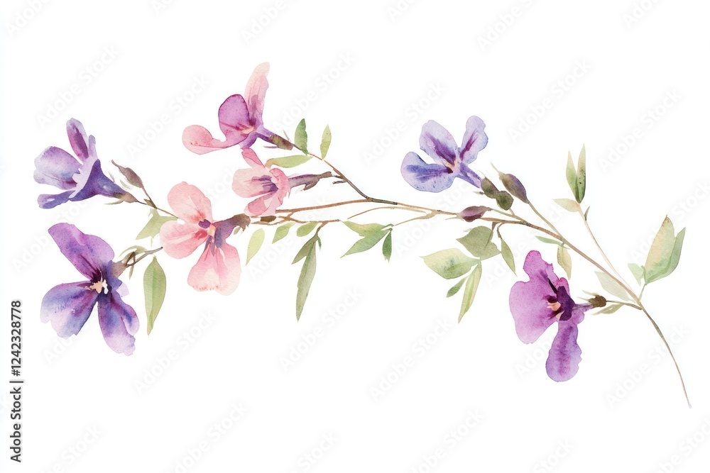 Elegant watercolor illustration of a delicate branch with pink and purple flowers and soft green leaves on a white background Elegant watercolor illustration of a delicate branch with pink and purple flowers and soft green leaves on a white background