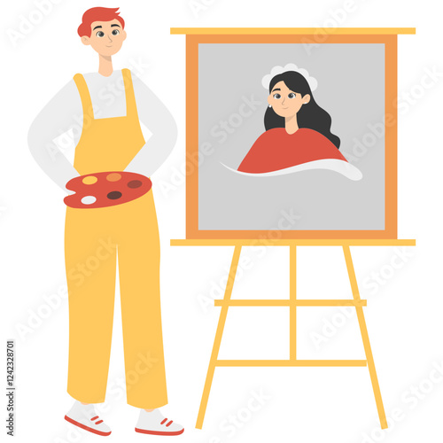 Illustration of People Painting at Canvas. Isolated on White Background. Vector Cartoon Character