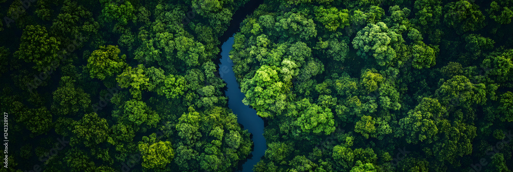 Aerial View of Lush Green Forest with Winding River Showcasing Natural Beauty and Conservation Aerial View of Lush Green Forest with Winding River Showcasing Natural Beauty and Conservation