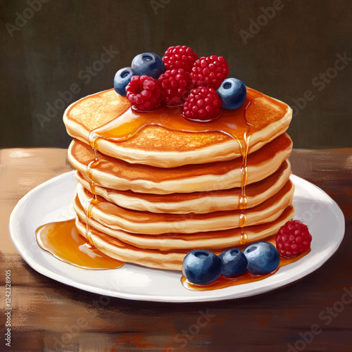 Wallpaper Mural fluffy pancakes drizzled with syrup and topped with fresh berries, high detail. Torontodigital.ca