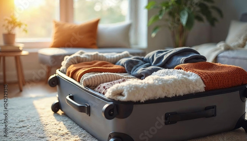 open grey suitcase, neatly packed with  clothes
 photo