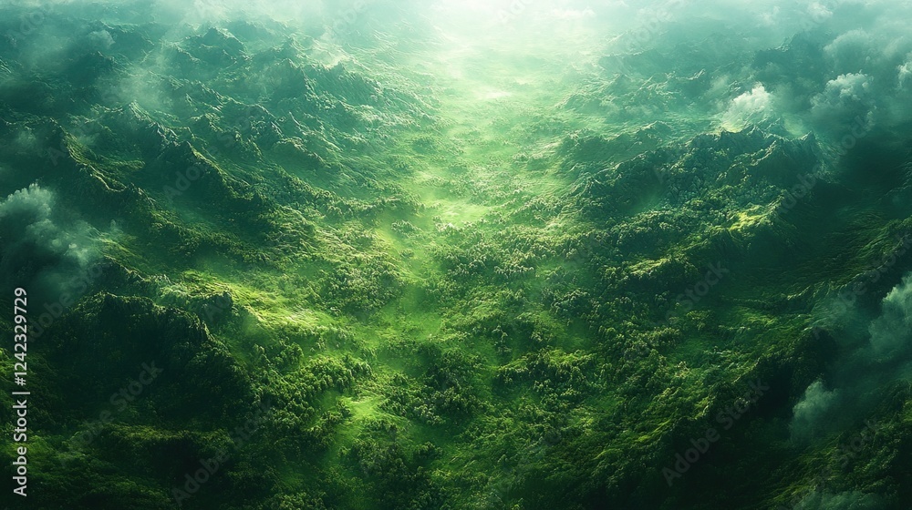 Fototapeta premium Aerial Misty Green Valley Sunlight Through Clouds