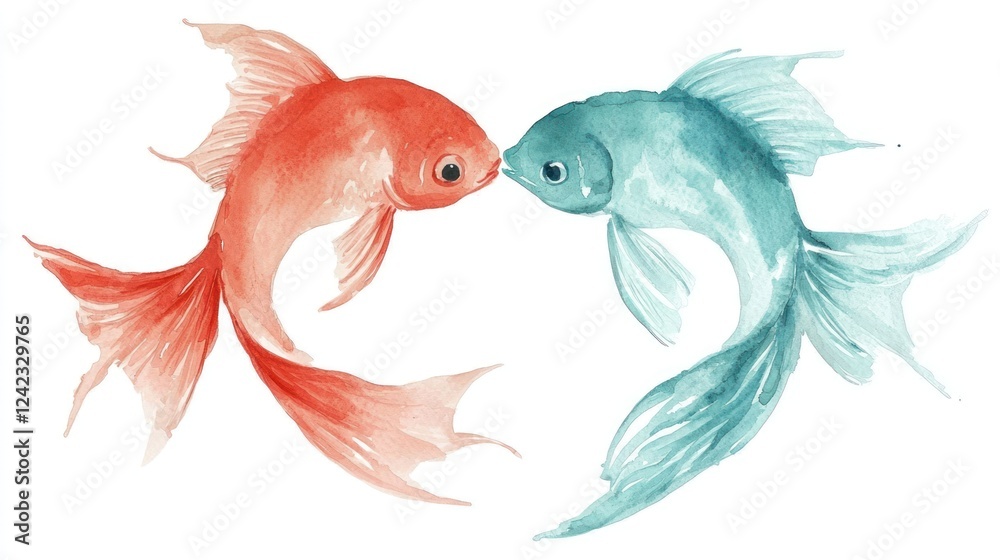 Fototapeta premium Delicate watercolor illustration of two goldfish facing each other in soft red and blue tones symbolizing harmony and connection