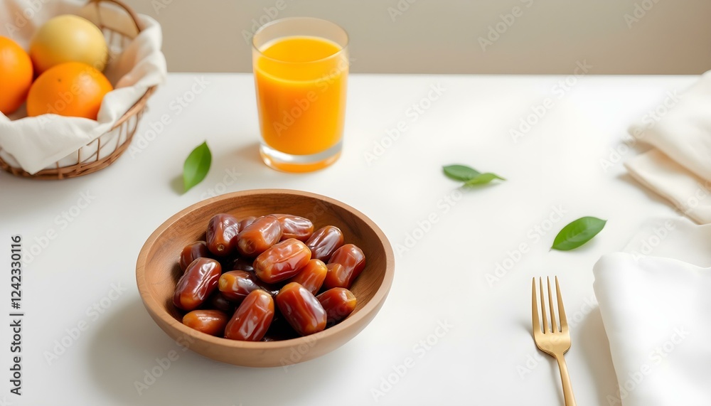Minimalist table setting featuring a wooden bowl of dates, a fruit basket, and a glass of orange juice on a clean surface, accented with 1-2 green leaves, creating a fresh and elegant composition. Minimalist table setting featuring a wooden bowl of dates, a fruit basket, and a glass of orange juice on a clean surface, accented with 1-2 green leaves, creating a fresh and elegant composition.