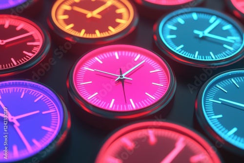 Vibrant clocks display modern gallery digital art colorful environment close-up view time conceptualization photo