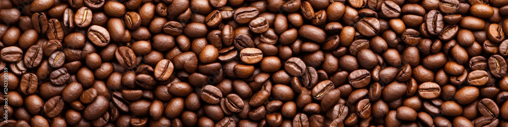 Rich coffee beans scattered across surface, showcasing their deep brown color and texture, perfect for coffee lovers and advertising Rich coffee beans scattered across surface, showcasing their deep brown color and texture, perfect for coffee lovers and advertising