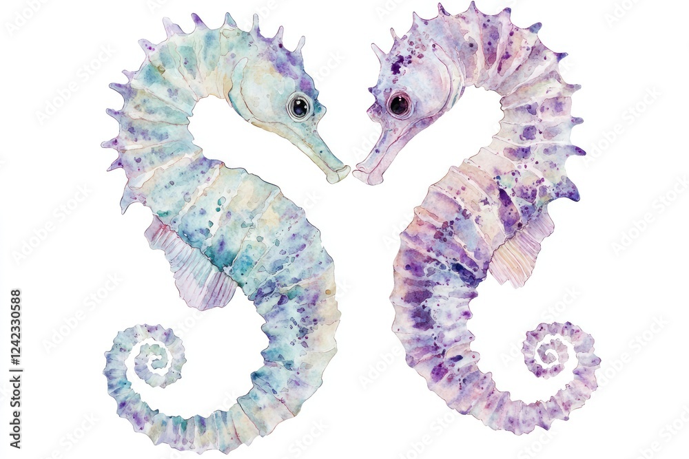 Fototapeta premium Delicate watercolor illustration of two colorful seahorses in a symmetrical pose, symbolizing love and harmony in marine life